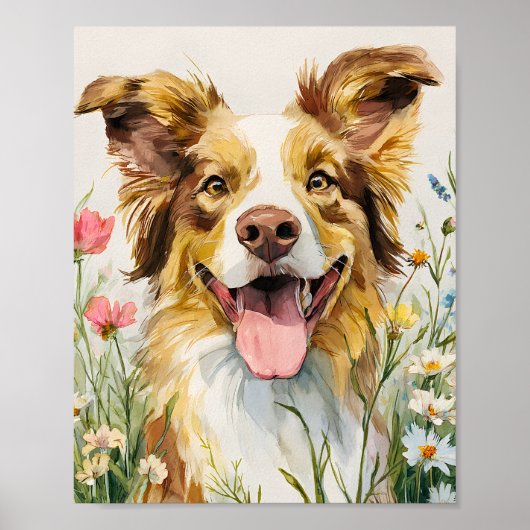 Happy Australian Shepherd in Flowers – 水彩 ポスター (正面)