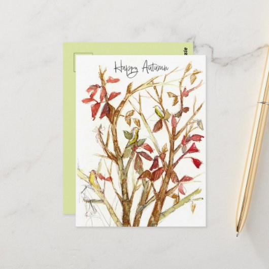 Happy Autumn Fall Colors Tree Birds Branches ポストカード (正面/裏面インサイチュ)
