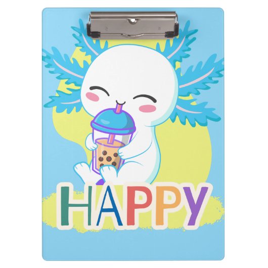 Happy Axolotl with Boba Tea – Cute Kawaii Bubble T クリップボード (正面)