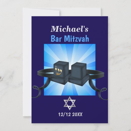 Happy Bar Mitzvah 20XX Tefillin Blue Personalized シーズンカード (正面)