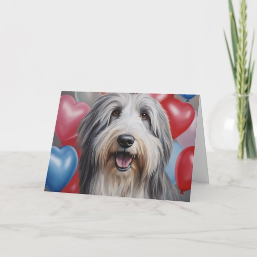 Happy Bearded Collie with Balloons Valentine's Day カード (正面)