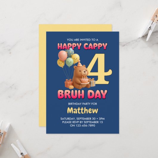 HAPPY BEARTHDAY かわいいテディベア 4歳の誕生日 招待状 (正面/裏面インサイチュ)