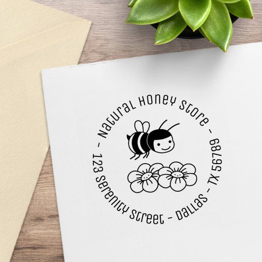 Happy Bee and Flowers Round Business Address 4 ラバースタンプ