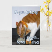Happy Birthday - グラスから牛乳を飲む面白い猫 カード (黄色い花)