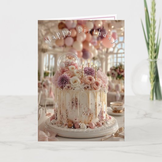 Happy Birthday ケーキ ピンク マーブルのお花 カード (正面)
