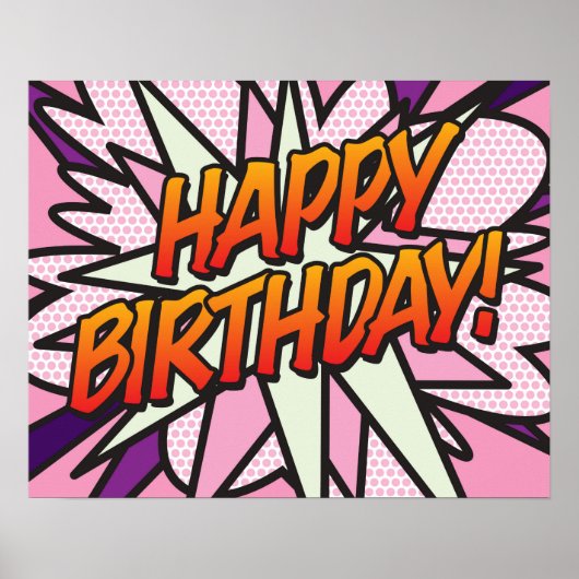 HAPPY BIRTHDAY コミック ポップアート ピンク ポスター (正面)