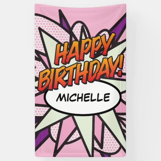 HAPPY BIRTHDAY コミック ポップアート ピンク 横断幕 (縦)