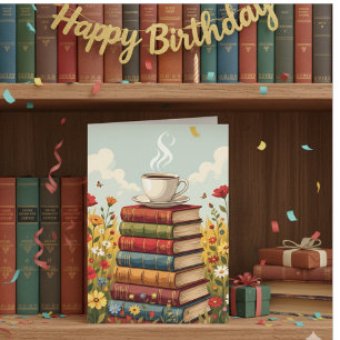 Happy Birthday コーヒーと本 カード