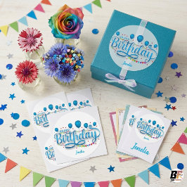 "Happy Birthday" 名前タグ入り シンプルでエレガント ラウンドシール