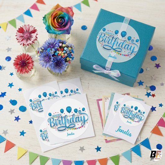 "Happy Birthday" 名前タグ入り シンプルでエレガント ラウンドシール