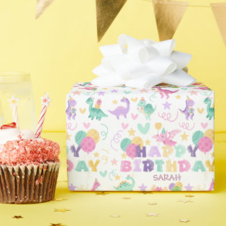 Happy Birthday 恐竜 パステルグリーン ピンク キッズ ラッピングペーパー