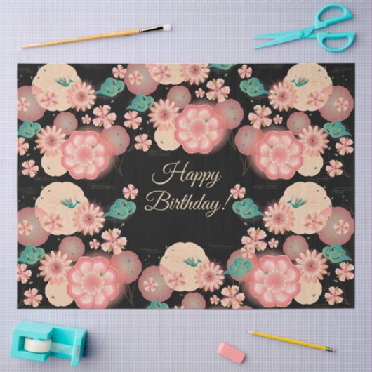 Happy Birthday - 春の桃の花の庭 ボホ 薄葉紙 (クラフト)