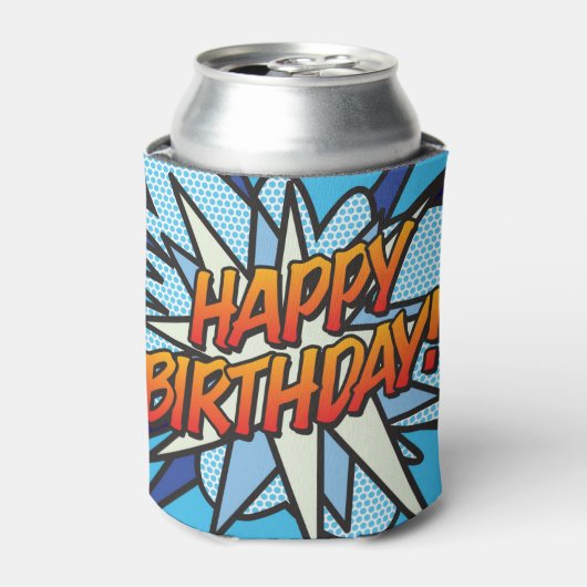 HAPPY BIRTHDAY 楽しいモダン コミック ブルー 缶クーラー (缶正面)