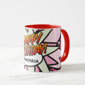 HAPPY BIRTHDAY 楽しいレトロ漫画風 ピンク マグカップ (正面右)