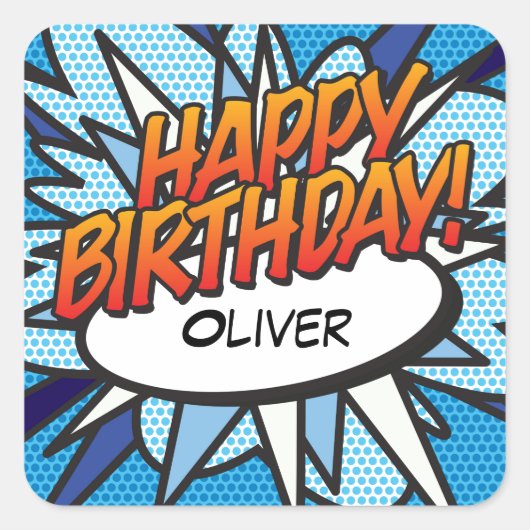 HAPPY BIRTHDAY 楽しいレトロ漫画 スクエアシール (正面)