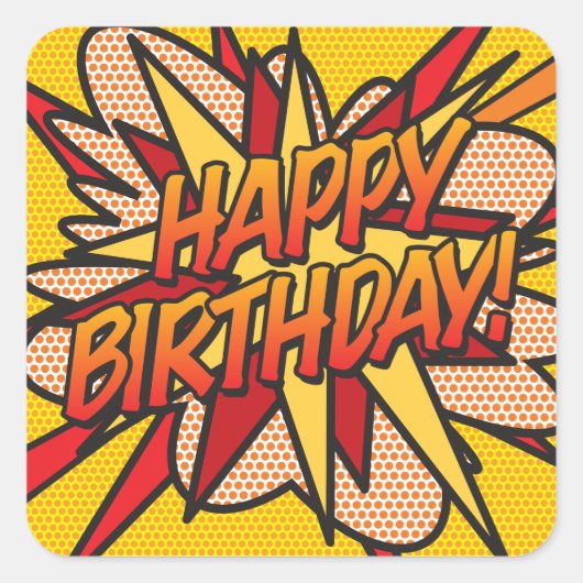 HAPPY BIRTHDAY 楽しいレトロ漫画 スクエアシール (正面)