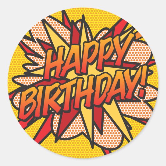 HAPPY BIRTHDAY 楽しいレトロ漫画 ラウンドシール (正面)