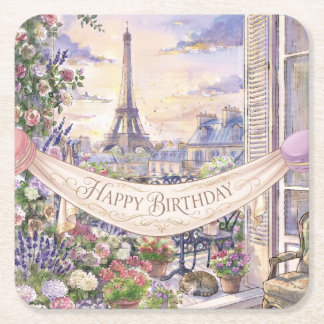 "Happy Birthday" 水彩パリのバルコニー スクエアペーパーコースター