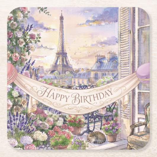 "Happy Birthday" 水彩パリのバルコニー スクエアペーパーコースター (正面)