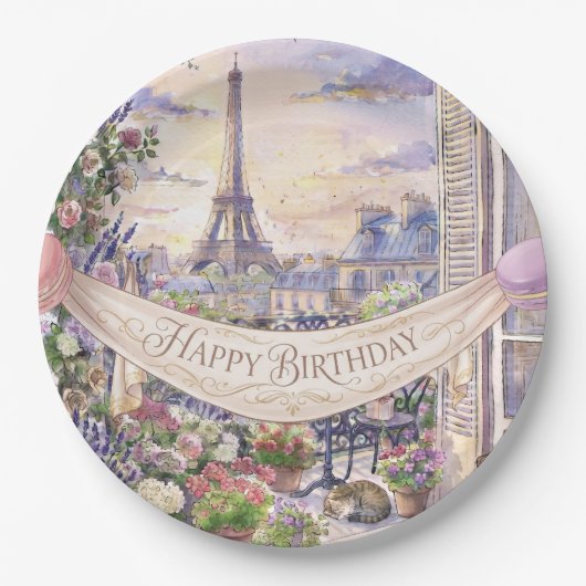 "Happy Birthday" 水彩パリのバルコニー  ペーパープレート (正面)