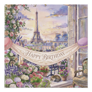"Happy Birthday" 水彩パリのバルコニー ポスター