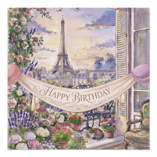 "Happy Birthday" 水彩パリのバルコニー ポスター (正面)