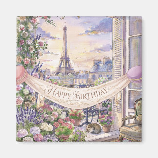 "Happy Birthday" 水彩パリのバルコニー マグネット