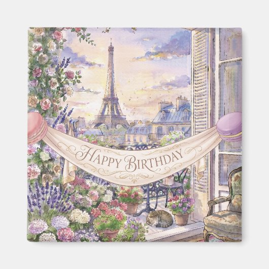 "Happy Birthday" 水彩パリのバルコニー マグネット (正面)