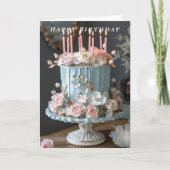 Happy Birthday 青いケーキのキャンドル 春の花 カード (正面)