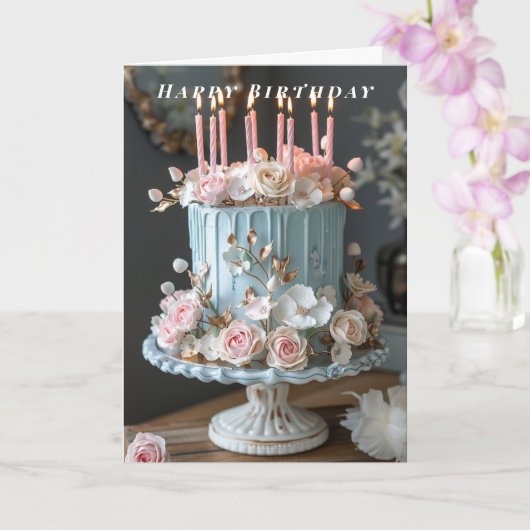 Happy Birthday 青いケーキのキャンドル 春の花 カード (蘭)