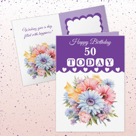 Happy Birthday 50 today flowers purple カード