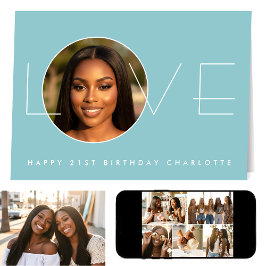 Happy Birthday 7 Photo Collage Love Elegant Blue カード