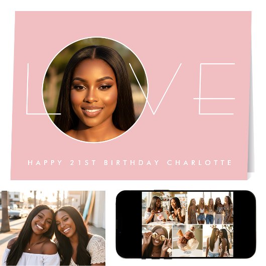 Happy Birthday 7 Photo Love Elegant Blush Pink カード