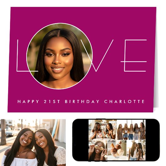 Happy Birthday 7 Photo Love Elegant Dark Pink カード