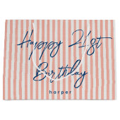 Happy Birthday Any Age Custom Name Striped Coral ラージペーパーバッグ (正面)