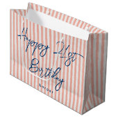 Happy Birthday Any Age Custom Name Striped Coral ラージペーパーバッグ (正面アングル)