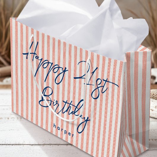 Happy Birthday Any Age Custom Name Striped Coral ラージペーパーバッグ