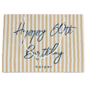 Happy Birthday Any Age Custom Name Striped Gold ラージペーパーバッグ (正面)