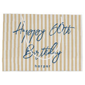 Happy Birthday Any Age Custom Name Striped Gold ラージペーパーバッグ (裏面)