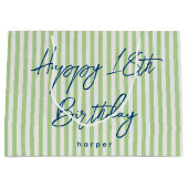 Happy Birthday Any Age Custom Name Striped Green ラージペーパーバッグ (正面)