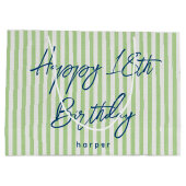 Happy Birthday Any Age Custom Name Striped Green ラージペーパーバッグ (裏面)