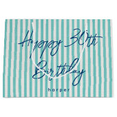 Happy Birthday Any Age Custom Name Striped Mint ラージペーパーバッグ (正面)