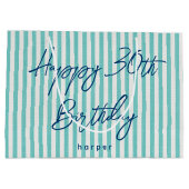 Happy Birthday Any Age Custom Name Striped Mint ラージペーパーバッグ (裏面)