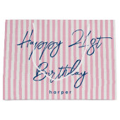 Happy Birthday Any Age Custom Name Striped Pink ラージペーパーバッグ (正面)