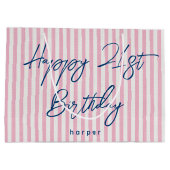 Happy Birthday Any Age Custom Name Striped Pink ラージペーパーバッグ (裏面)