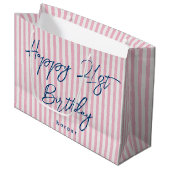 Happy Birthday Any Age Custom Name Striped Pink ラージペーパーバッグ (正面アングル)