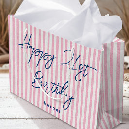 Happy Birthday Any Age Custom Name Striped Pink ラージペーパーバッグ