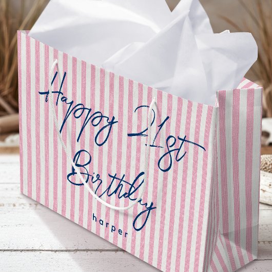Happy Birthday Any Age Custom Name Striped Pink ラージペーパーバッグ