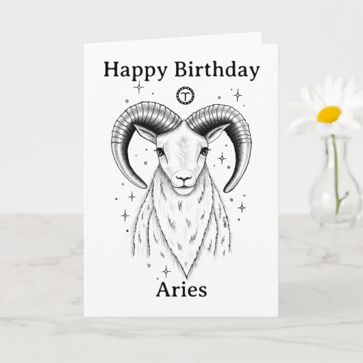 Happy Birthday Aries Ram Hand-drawn カード (小さな植物)