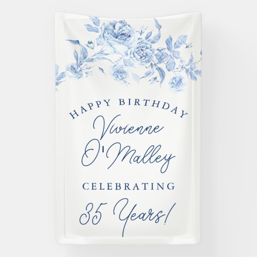 Happy Birthday Banner 35th Blue Floral Template 横断幕 (縦)